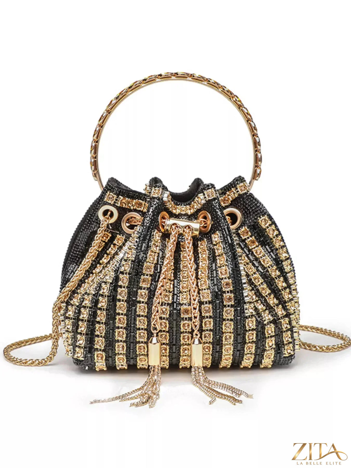 Zita La Belle Elite holiday party rhinestone embellished bucket crossbody handbag with sparkling details and a sleek design.