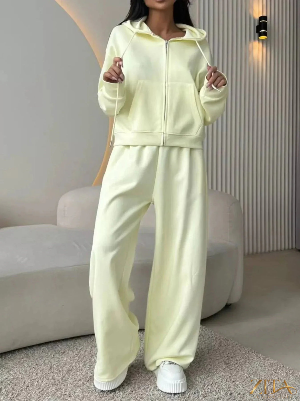 Zita La Belle Elite zip-up hoodie and wide-leg pants set, soft fabric, casual style, navy blue color, front zipper detail.