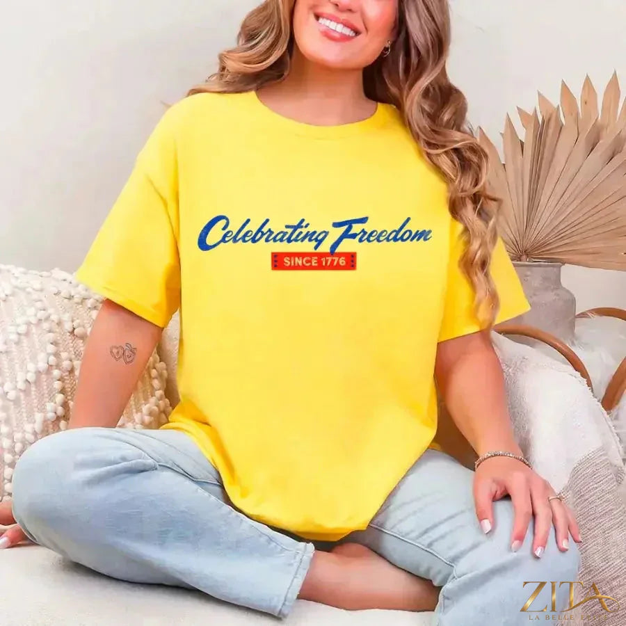 Daisy flower on a patriotic 4th of July T-shirt by Zita La Belle Elite celebrating freedom since 1776.