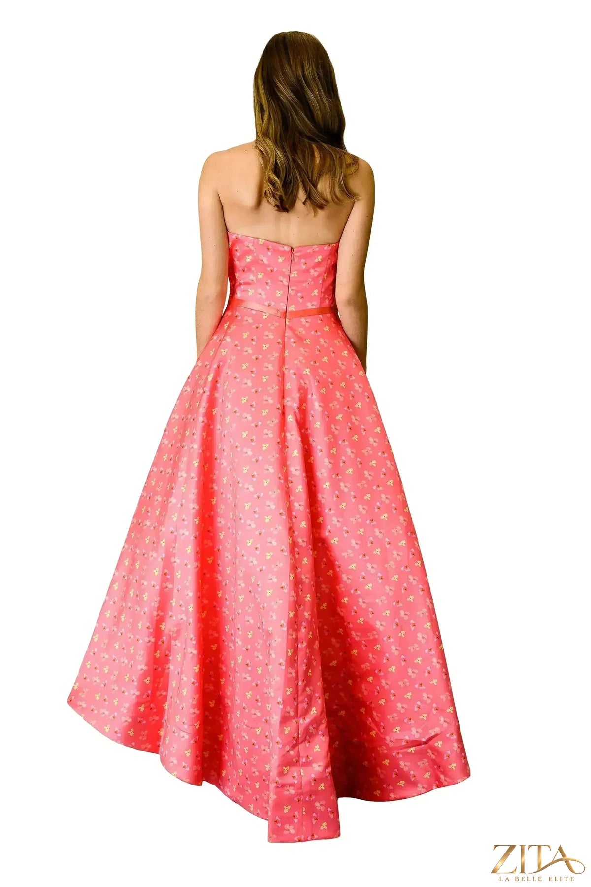 Elegant Zita La Belle Elite shoulder-less formal train dress with a fitted bodice and flowing skirt, perfect for special occasions.
