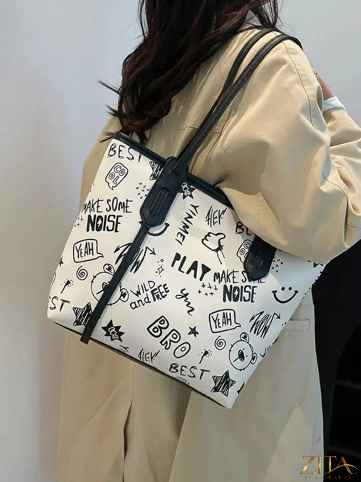 Zita La Belle Elite graffiti print casual tote bag with colorful urban graffiti design and sturdy handles.