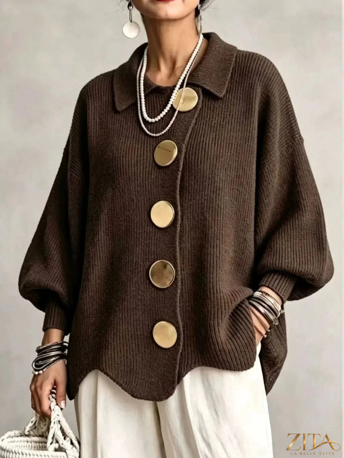 Plus size ribbed knit cardigan with gold buttons by Zita La Belle Elite, featuring a full-size fit and cozy texture.