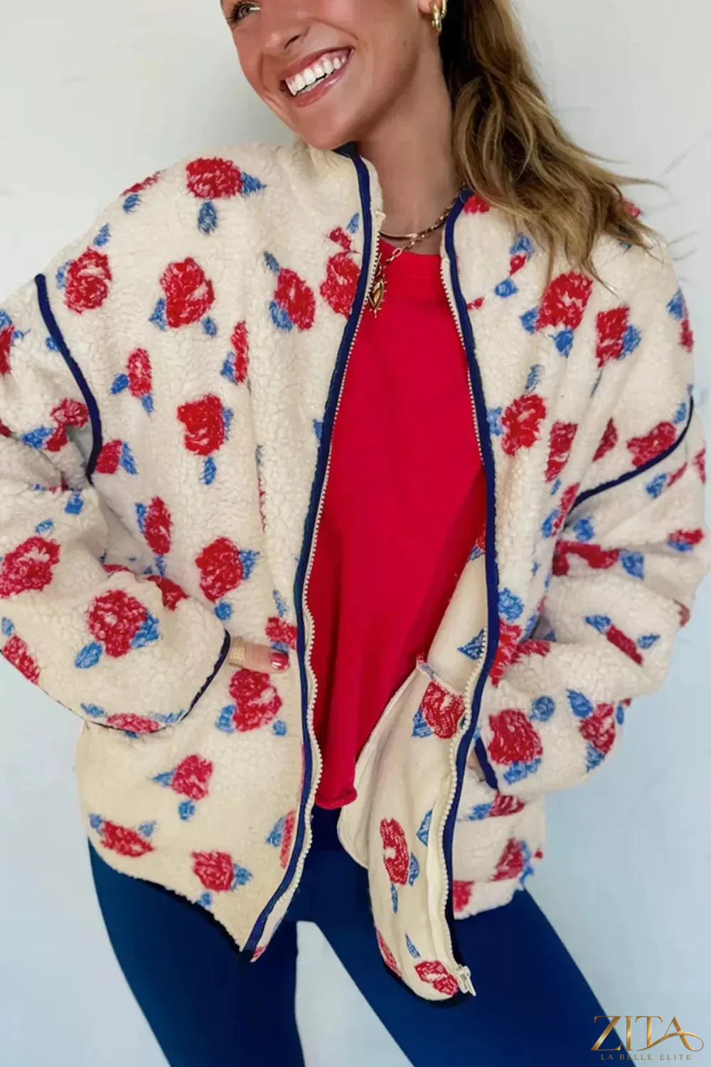 Zita La Belle Elite floral print zipper stand-neck fleece coat with outerwear design and vibrant floral pattern.