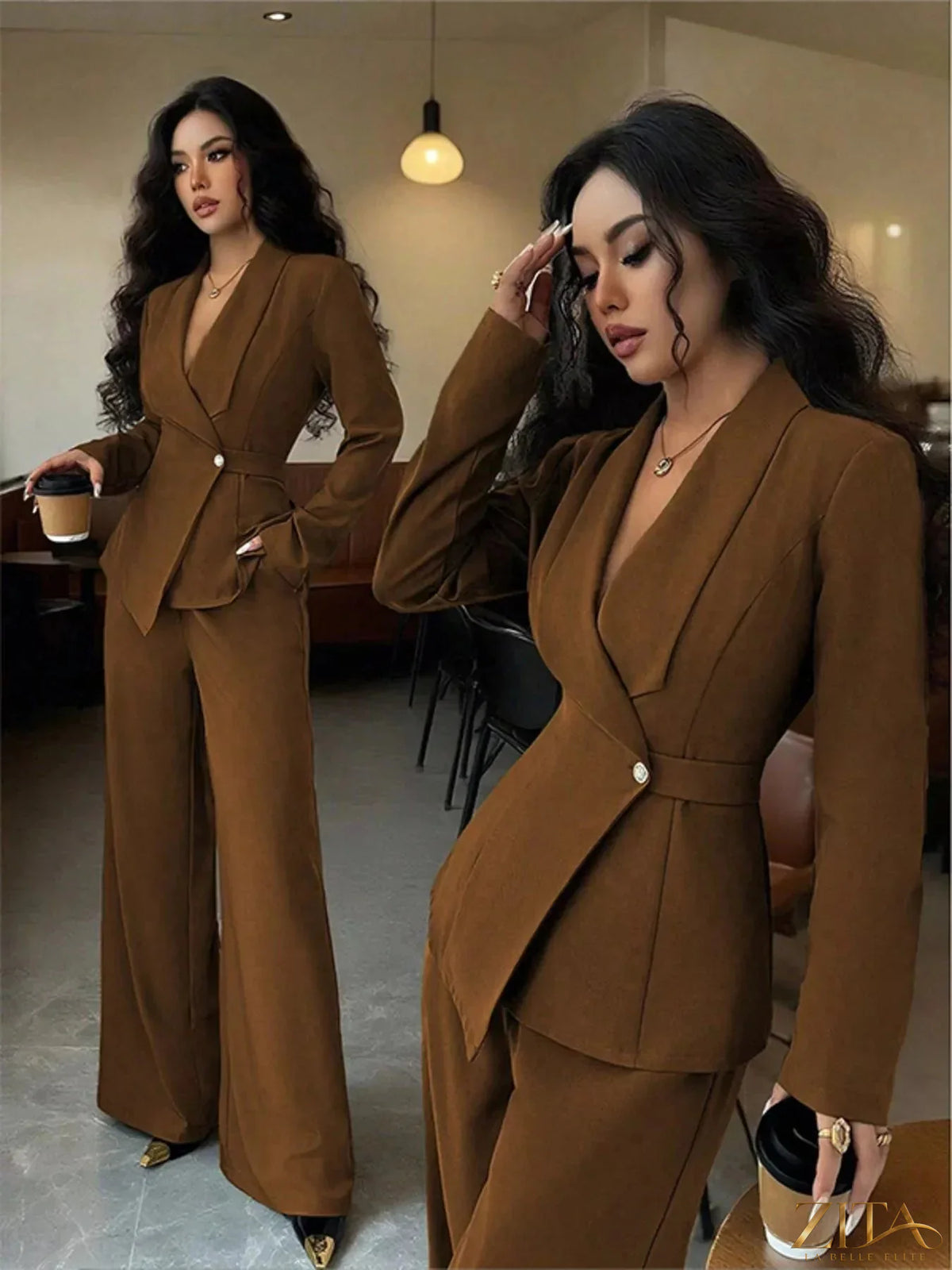 Zita La Belle Elite one-button blazer and matching pants set, tailored fit, in a stylish neutral color, shown on a model.