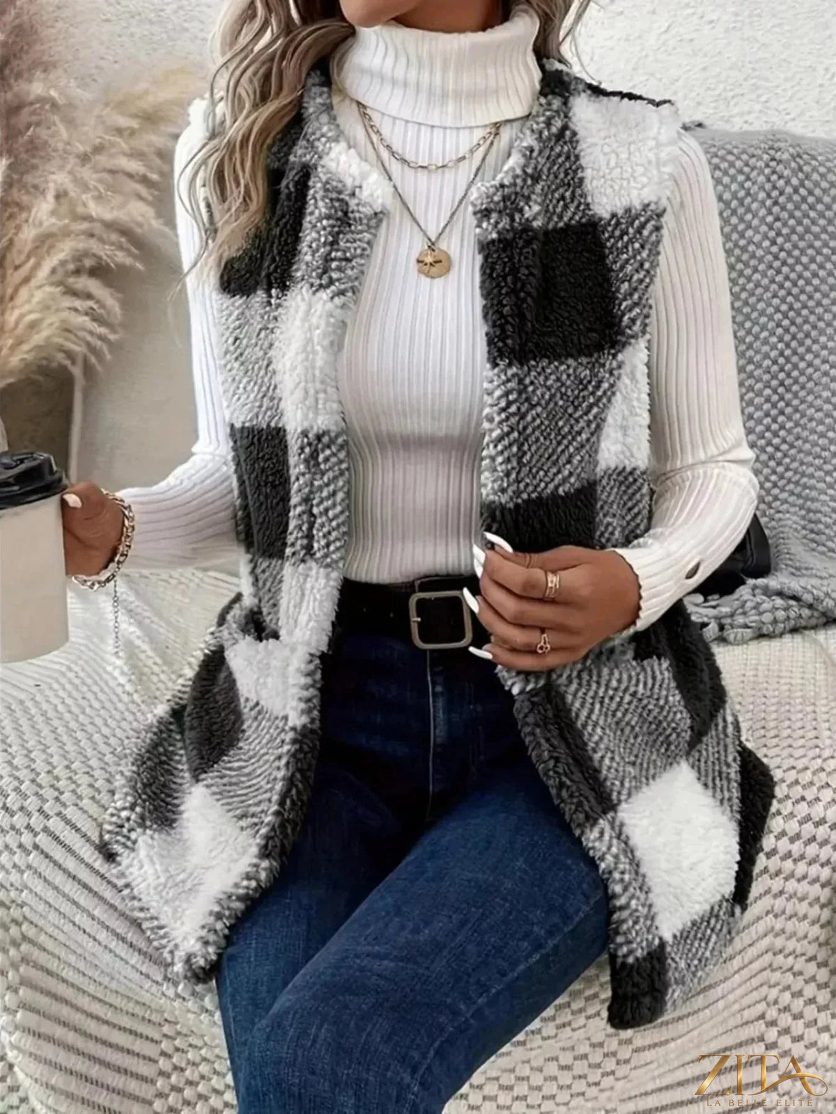 Zita La Belle Elite cozy plaid sherpa vest coat with soft fleece lining and button closure, perfect for layered winter wear.