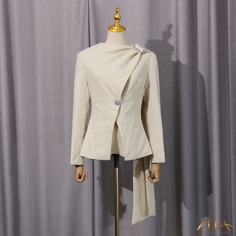 Zita La Belle Elite chic blazer suit set for petite women with scarf collar, stylish tailored blazer, and matching pants.