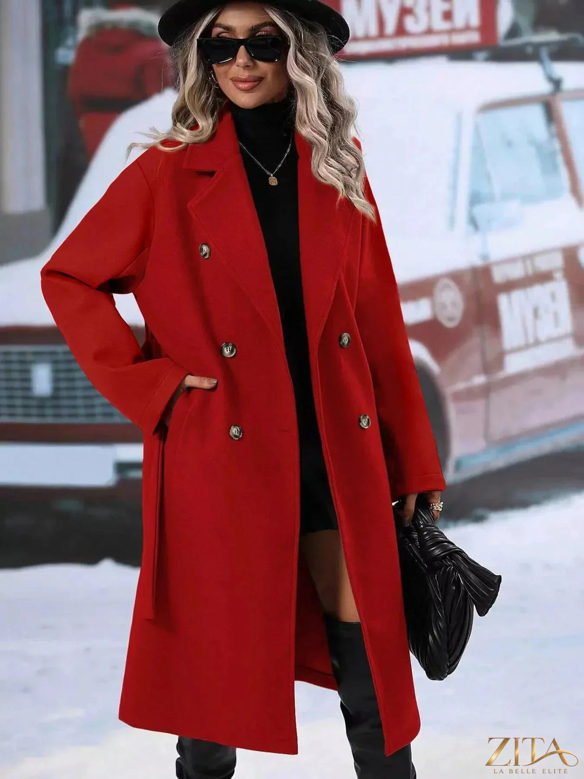 Zita La Belle Elite double-breasted overcoat with lapel collar, tailored and stylish in a neutral fabric, front view.