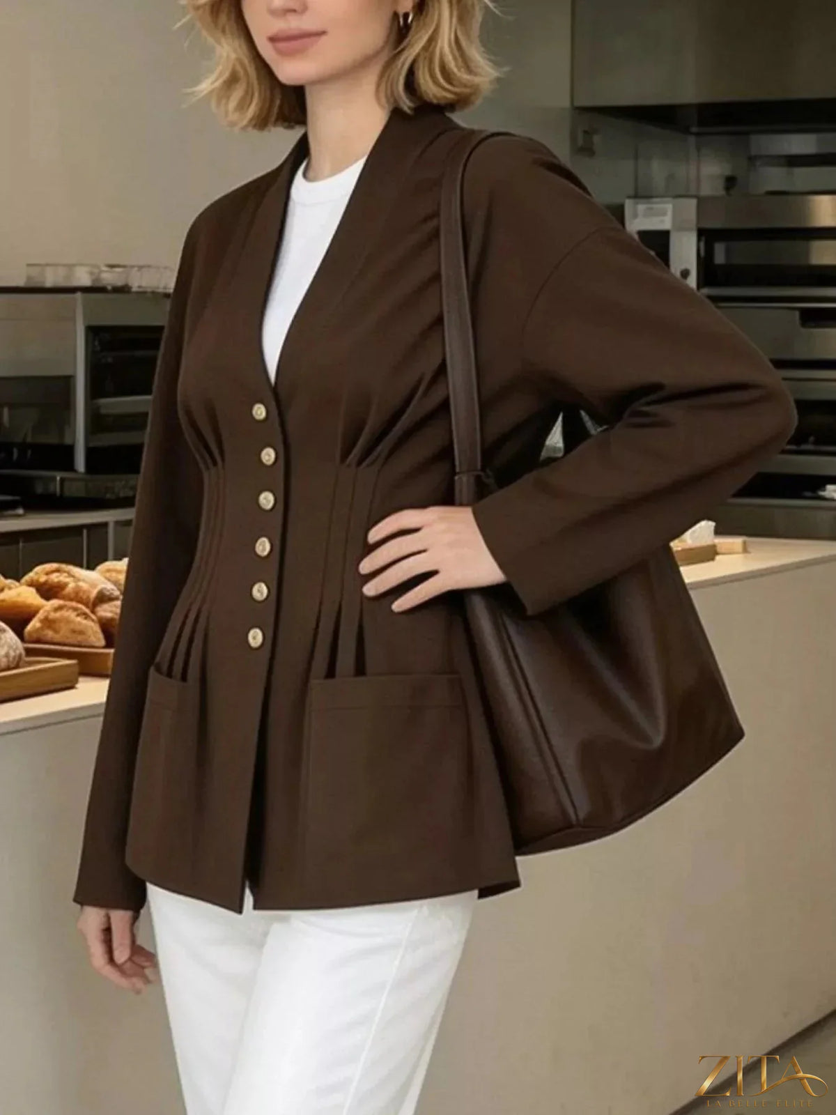 Zita La Belle Elite pleated waist blouse with button detail, featuring a stylish, flowy fabric and elegant design.