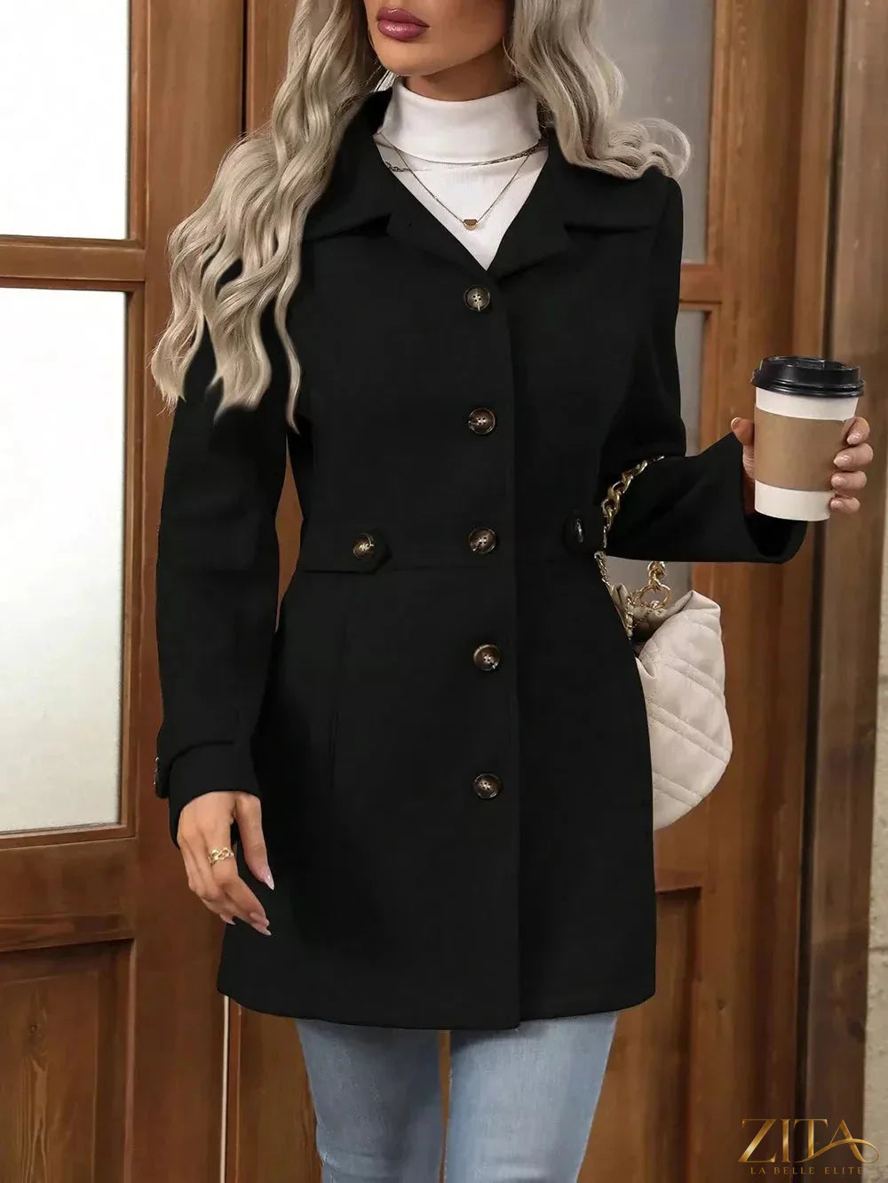 Zita La Belle Elite collared neck button-up coat with front buttons and tailored fit, shown in a stylish outerwear design