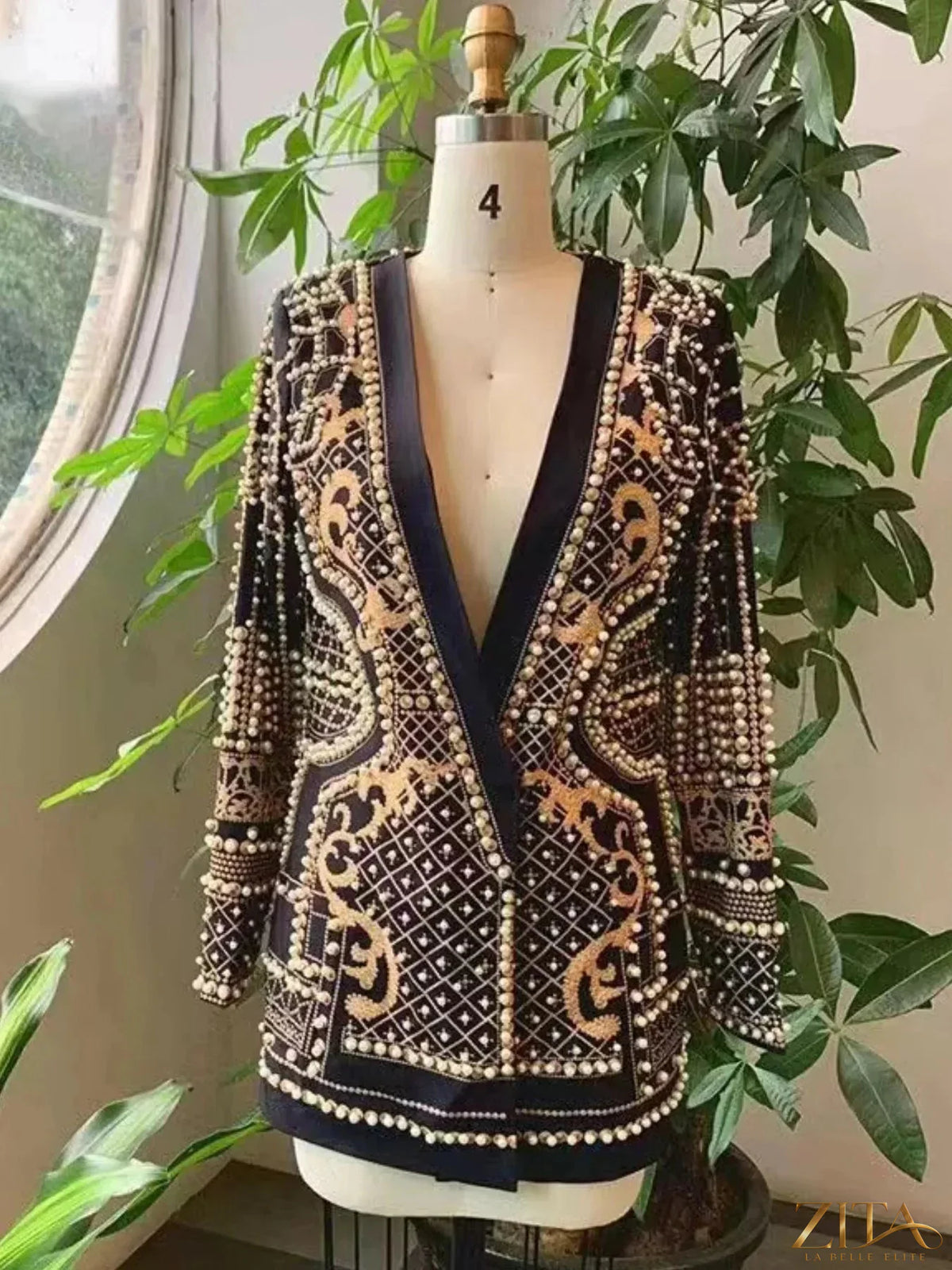 Plus size Zita La Belle Elite blazer with full size fit, embellished pearl details, and single-button closure.