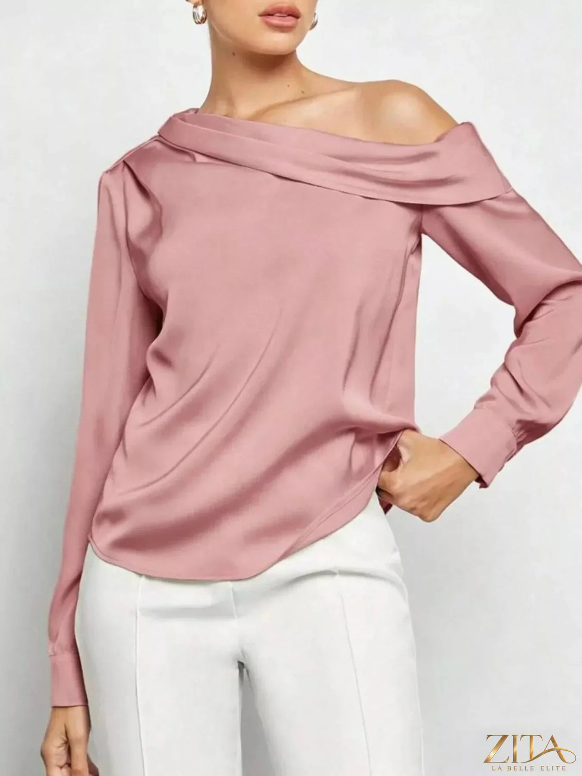 Zita La Belle Elite one-shoulder satin blouse in elegant black, featuring a sleek design and smooth fabric.