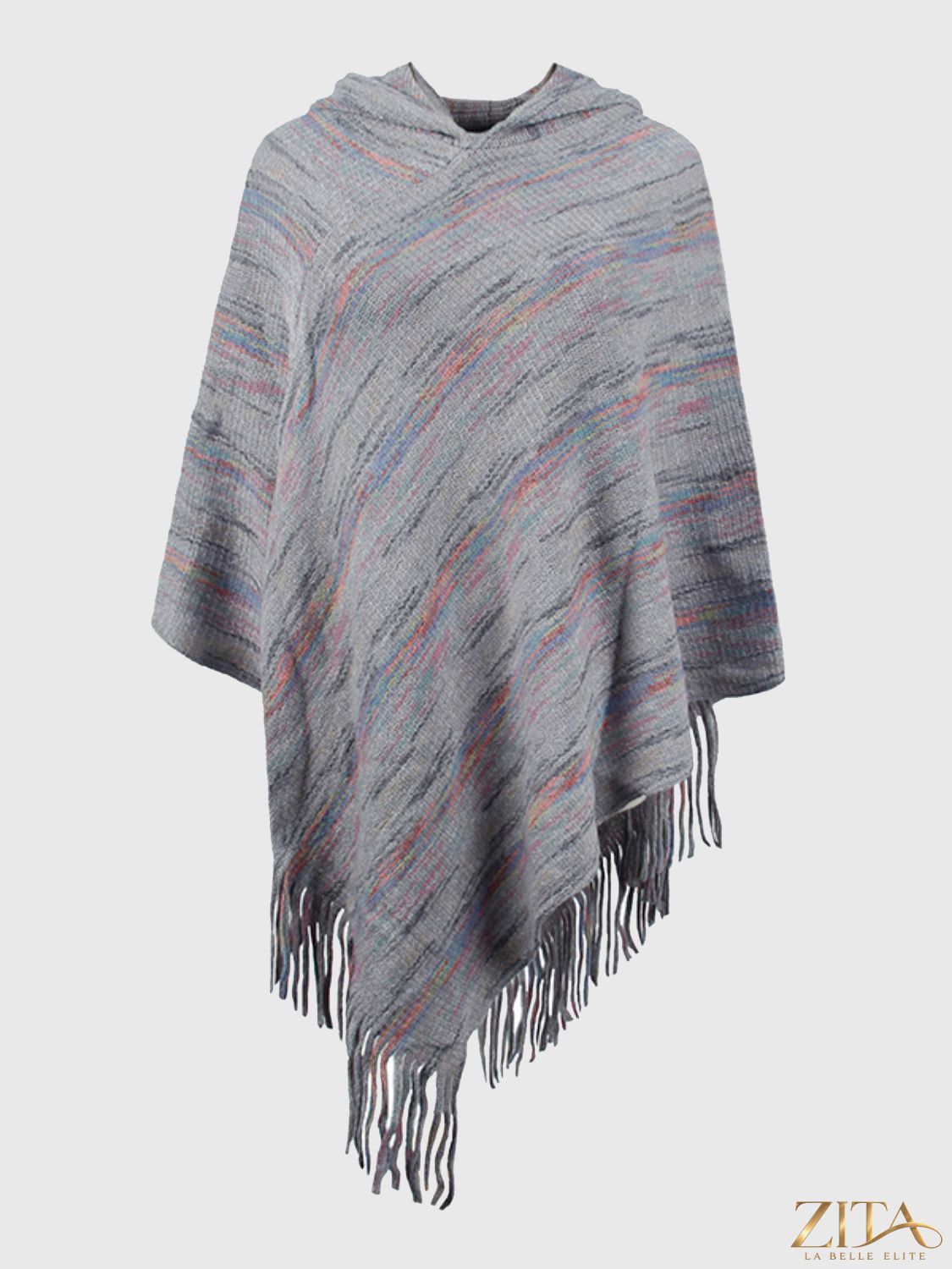 Zita La Belle Elite fringe hem hooded poncho in cozy fabric with tassel details and a relaxed fit, perfect for casual wear.