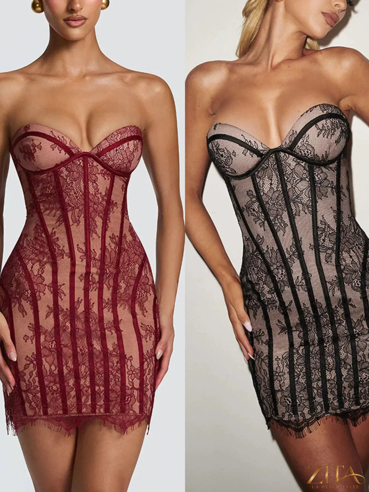 Lace detail tube mini dress by Trendsi featuring a fitted silhouette and intricate lace accents on the bodice.