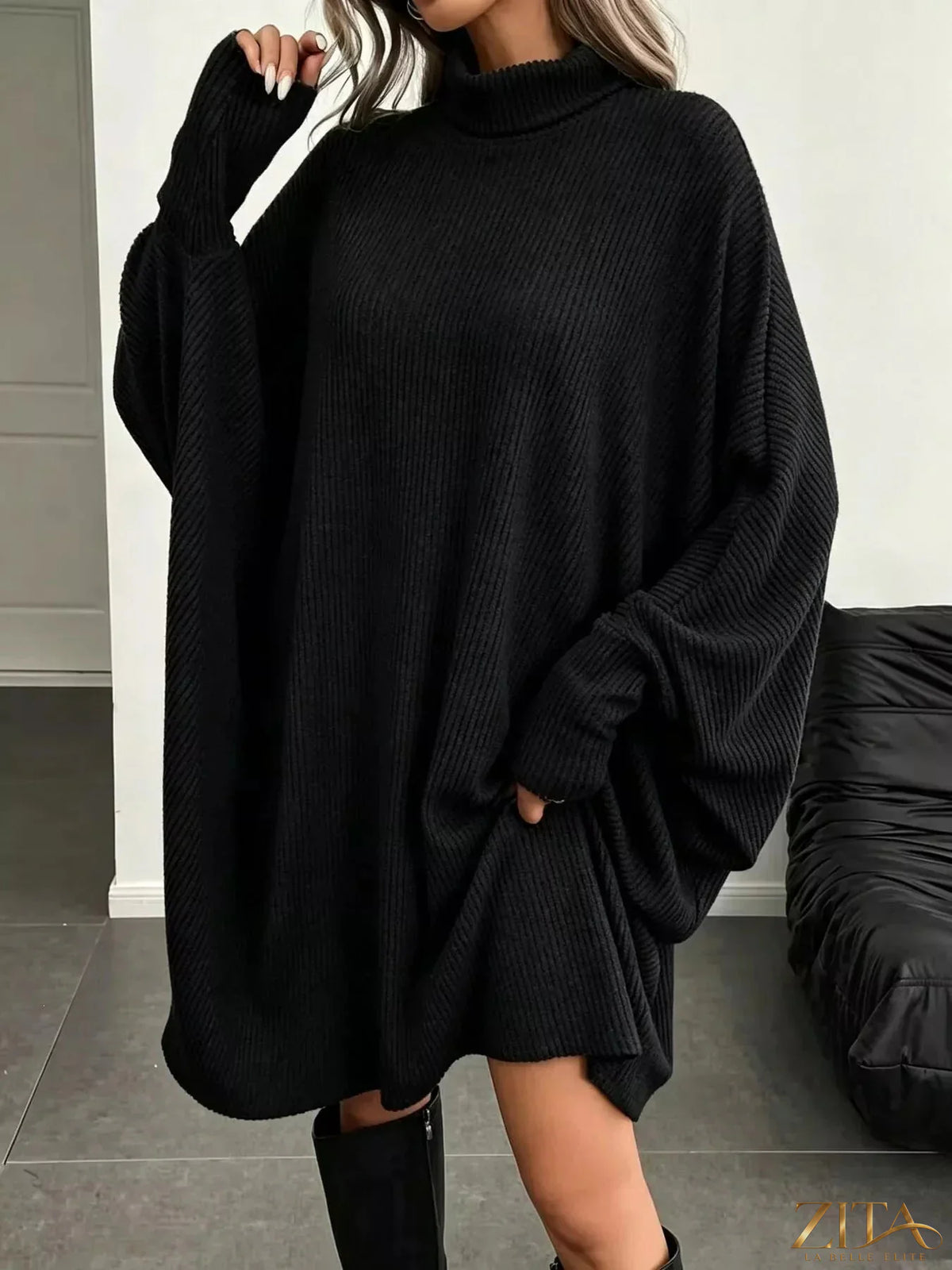 Zita La Belle Elite oversized batwing sleeve ribbed knit turtleneck dress, featuring a relaxed fit and cozy texture.