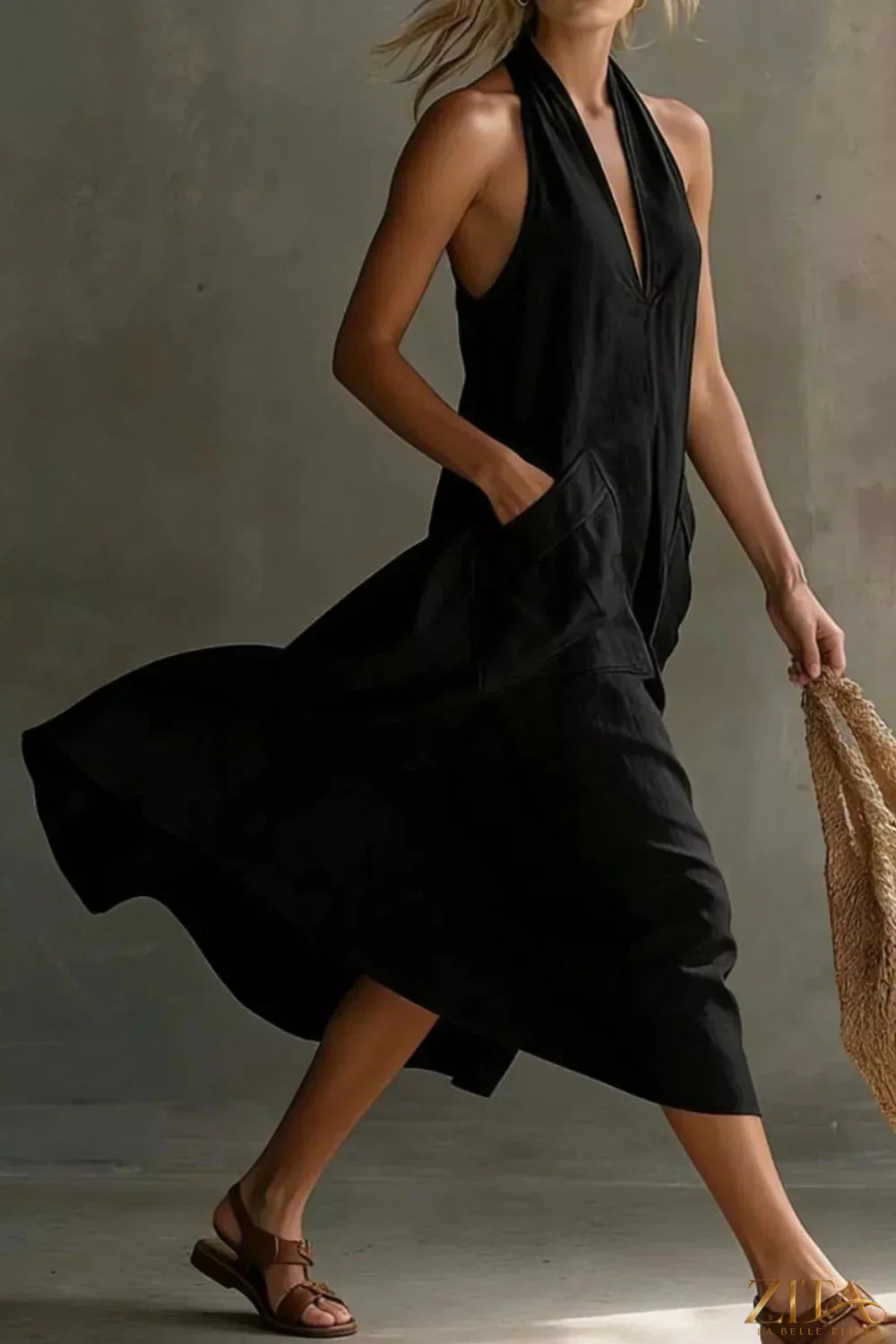 Zita La Belle Elite casual halter neck pocket midi dress in lightweight fabric, featuring a relaxed fit and side pockets.