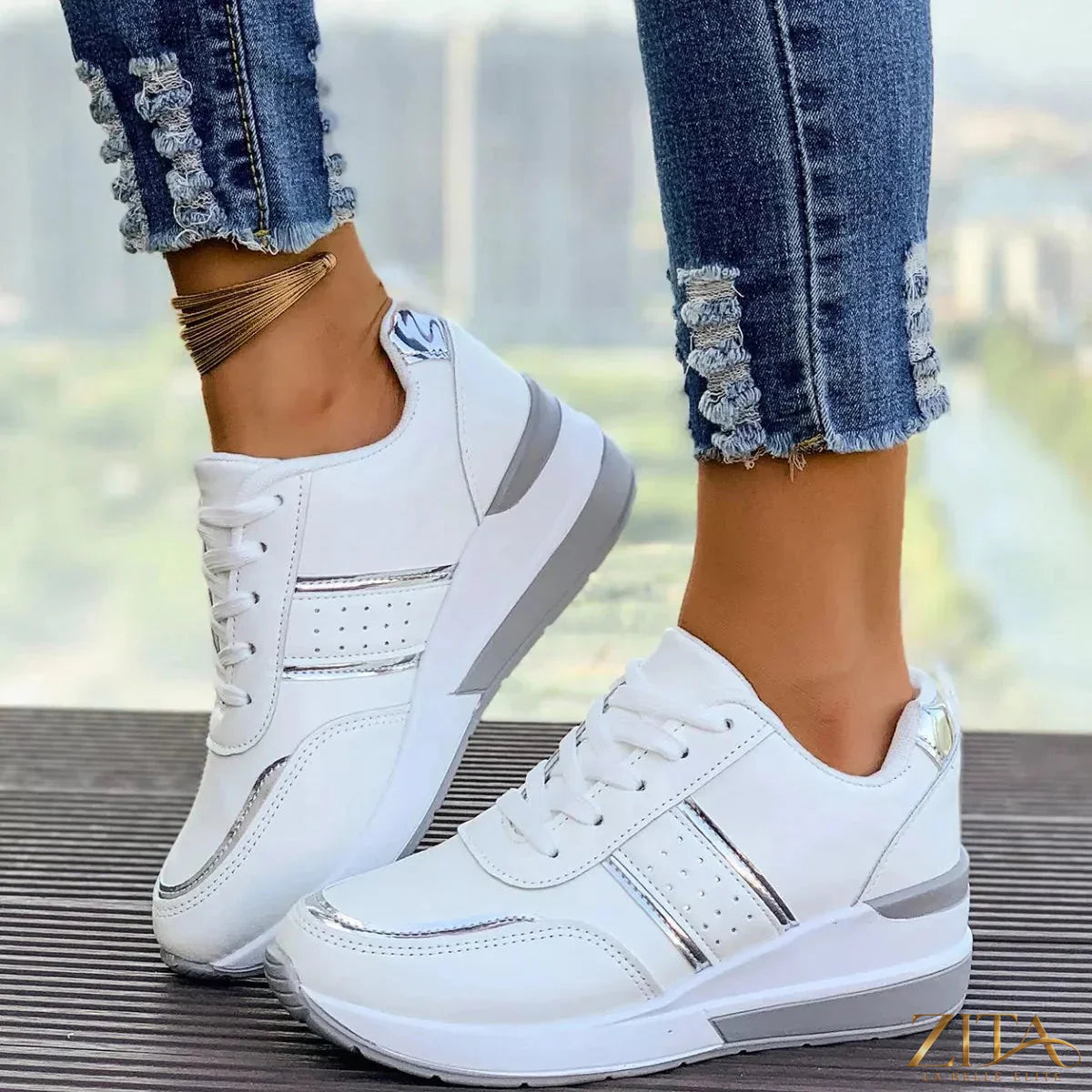 Zita La Belle Elite round toe lace-up sneakers with white soles and stylish design, perfect for casual wear.