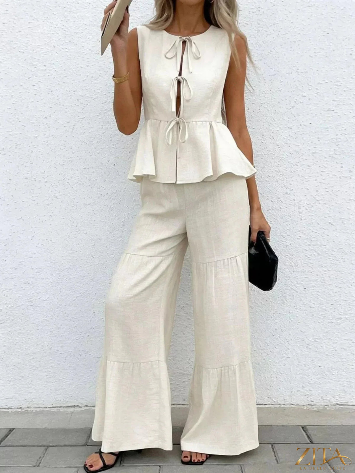 Zita La Belle Elite sleeveless tie-front top with matching wide-leg pants set, stylish and comfortable for casual or summer wear