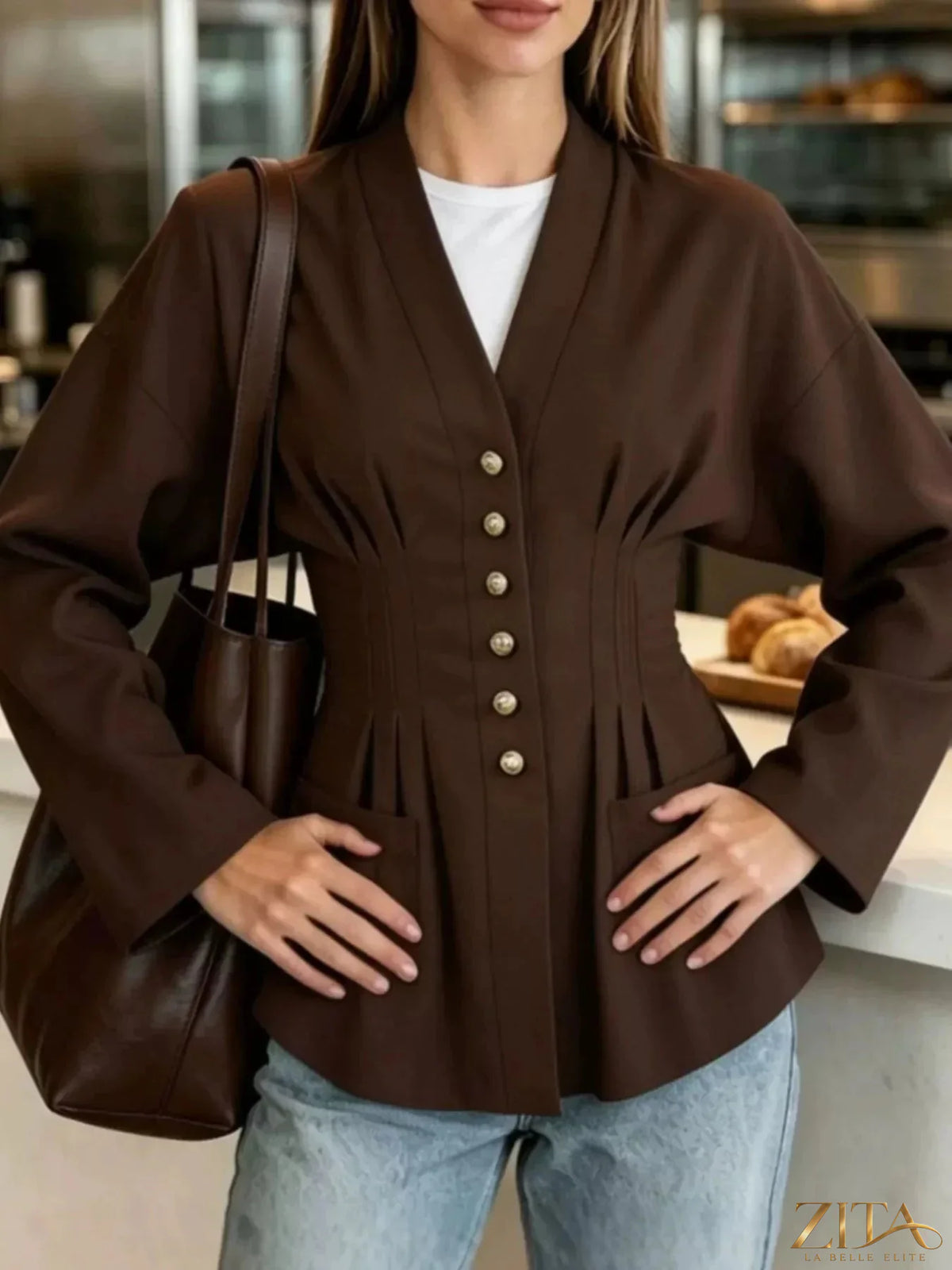 Zita La Belle Elite pleated waist blouse with button details, featuring a stylish and elegant design in soft fabric.
