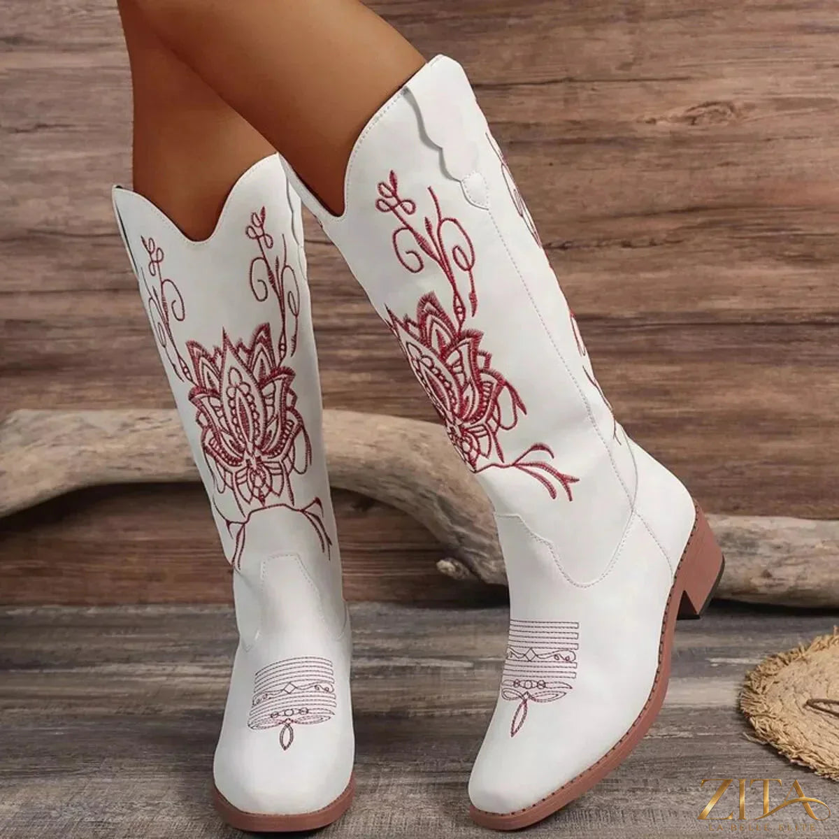 Zita La Belle Elite embroidered block heel boots featuring detailed embroidery and stylish design, perfect for fashionable footwear.