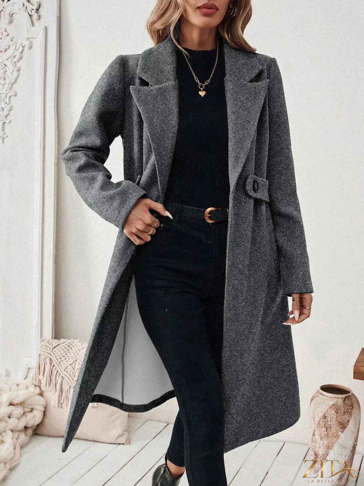 Zita La Belle Elite longline coat with a lapel collar, stylish and elegant outerwear in a neutral color, shown from the front.