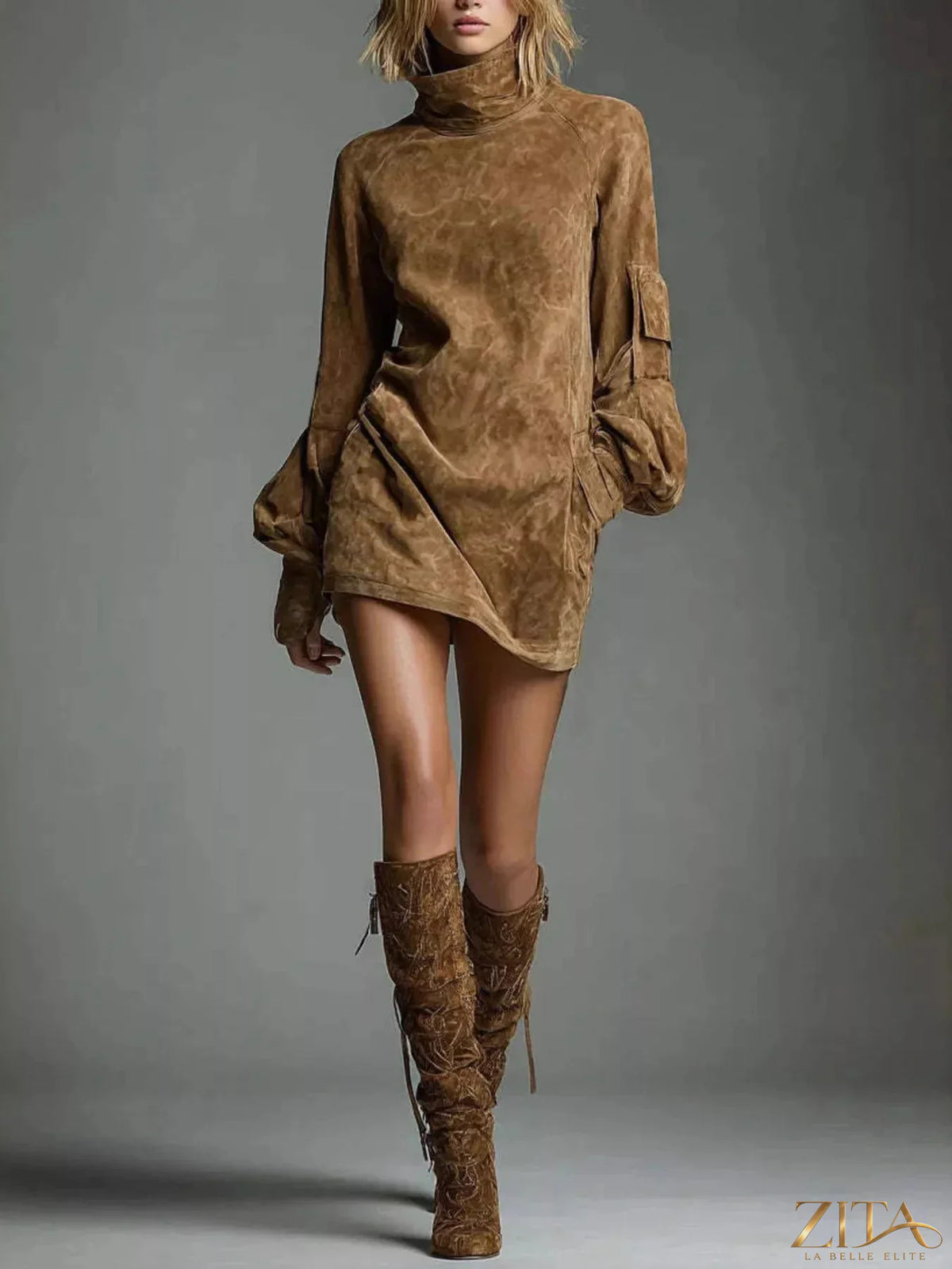 Trendsi turtleneck lantern sleeve mini dress with pockets, featuring a fitted silhouette and stylish design in a solid color.