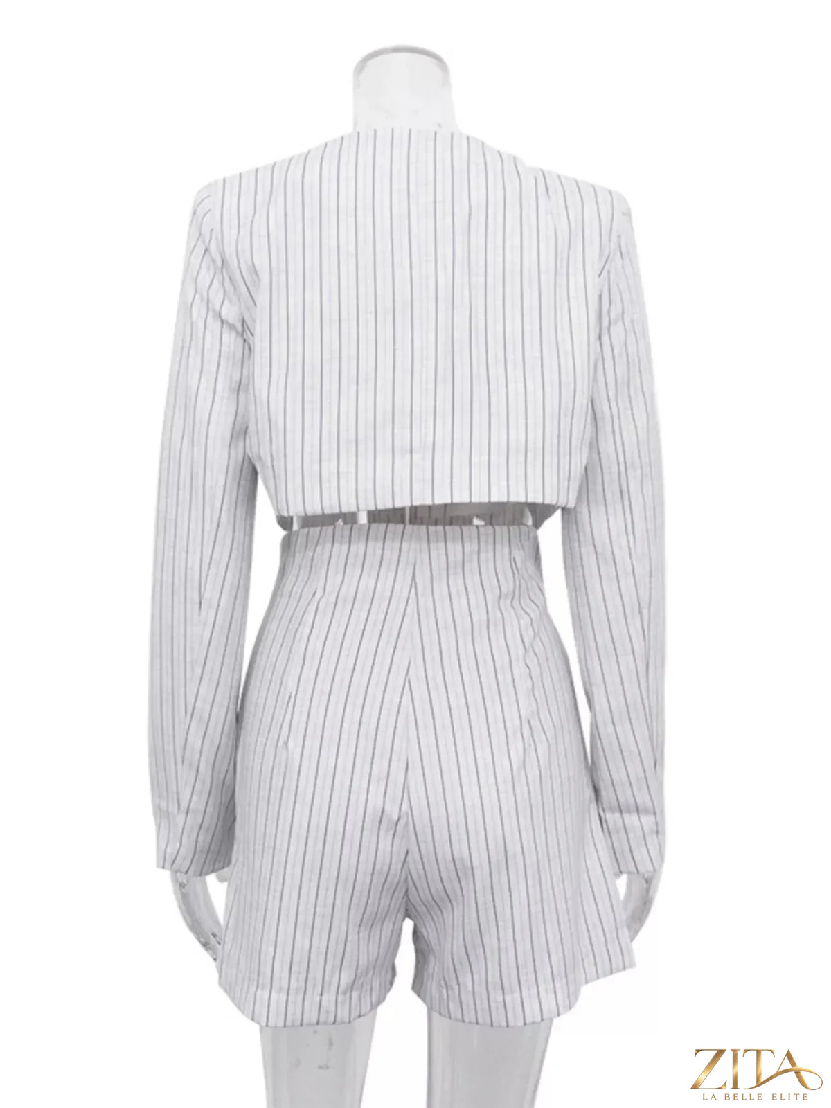 Zita La Belle Elite pinstripe cropped blazer with matching pleated shorts set, stylish formal outfit for women.