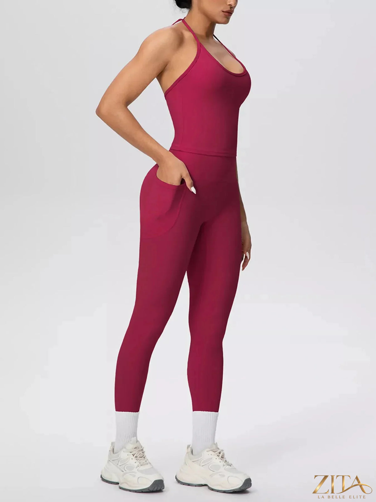 Zita La Belle Elite halter neck cami and high-waisted leggings active set, black and stylish for workout or casual wear