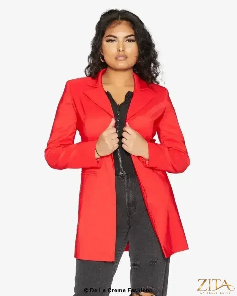 Zita La Belle Elite women's longline formal blazer with collar, tailored fit, and sleek design, suitable for professional or formal occasions.