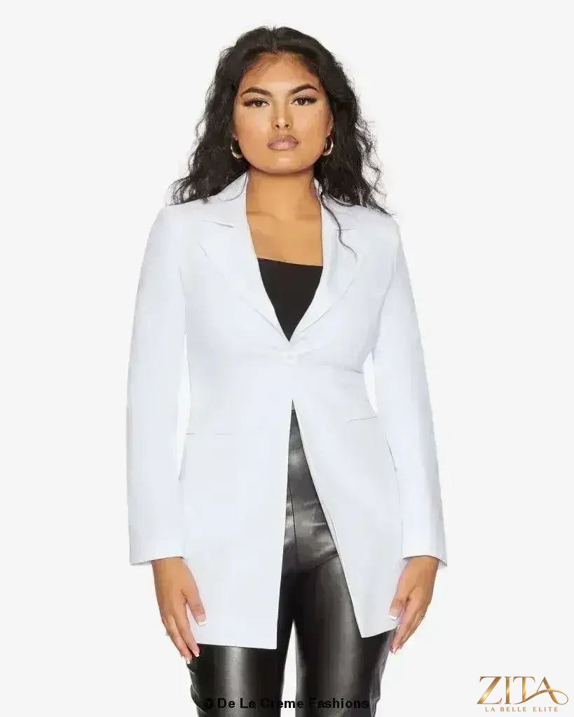 Zita La Belle Elite women's longline blazer with a collared design, formal style, and tailored fit, shown in a professional setting.