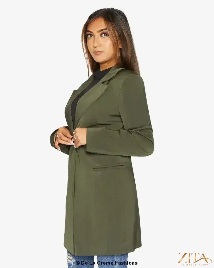 Zita La Belle Elite women's longline blazer with a collared design, formal style, and tailored fit, showcased on a model.