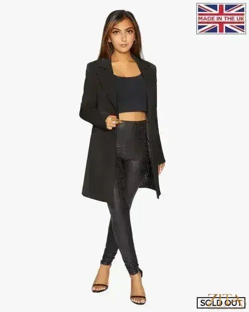 Black women's longline blazer with a collared design from Zita La Belle Elite, featuring a formal, tailored fit.
