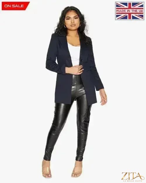 Navy blue women's formal longline blazer with collar from Zita La Belle Elite, tailored fit and stylish for professional wear.
