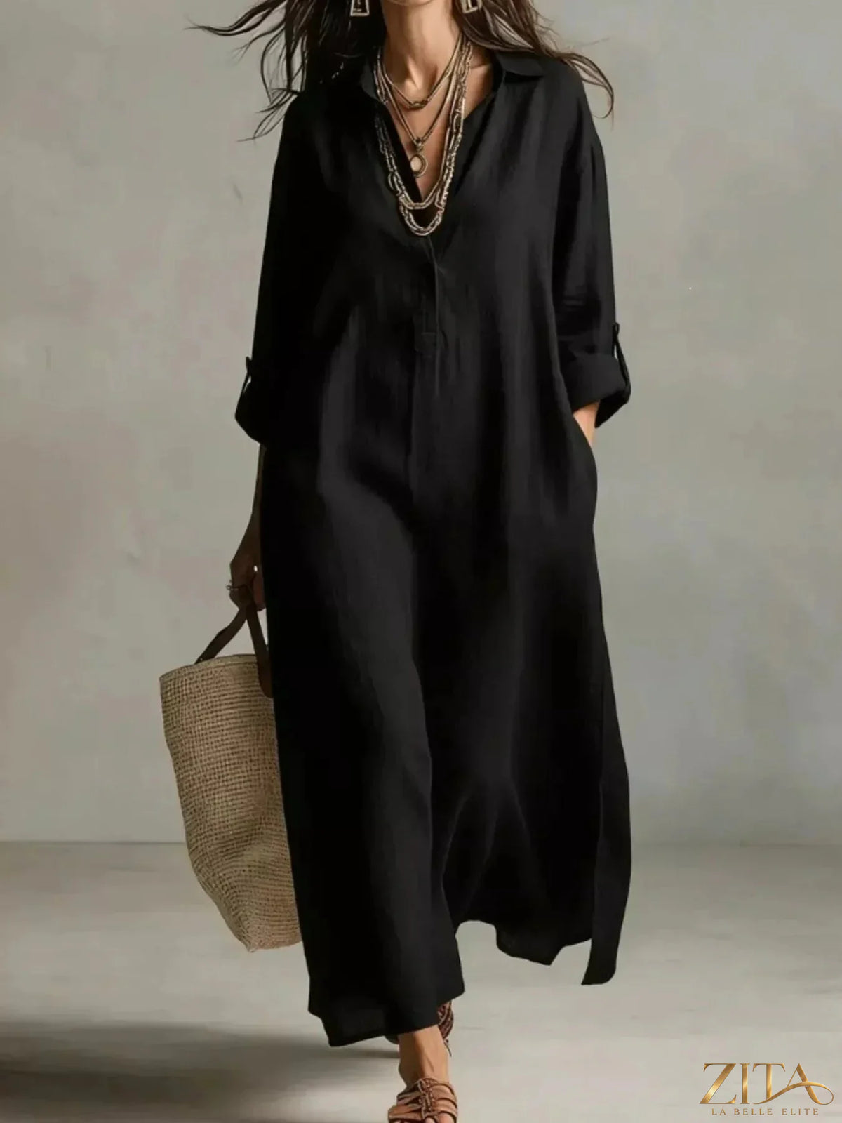 Plus size casual midi shirt dress by Zita La Belle Elite, featuring a relaxed fit and button-down front in a full-length style.