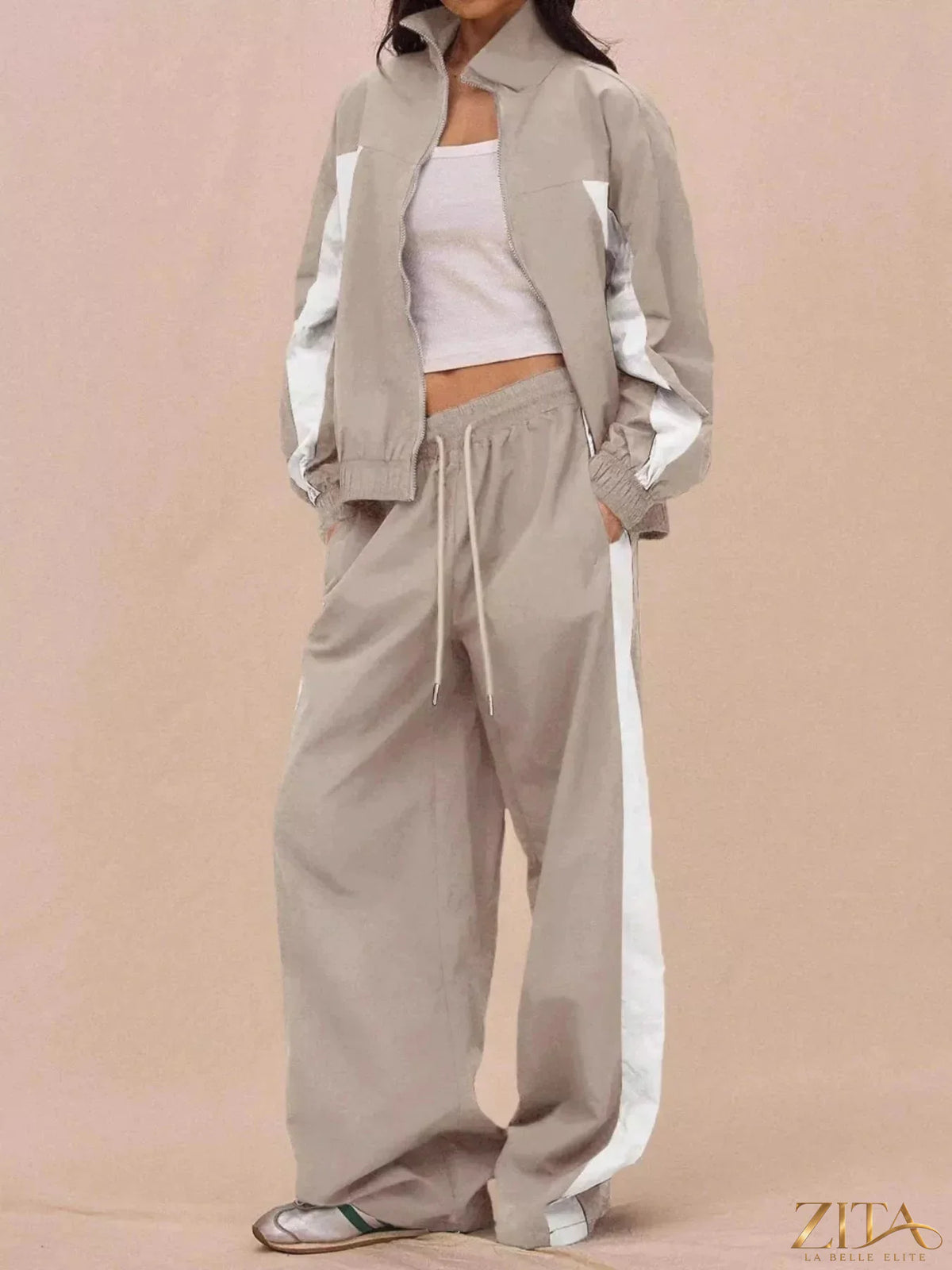 Color-block Zita La Belle Elite tracksuit with matching wide-leg pants, featuring bold color contrasts and comfortable fit.