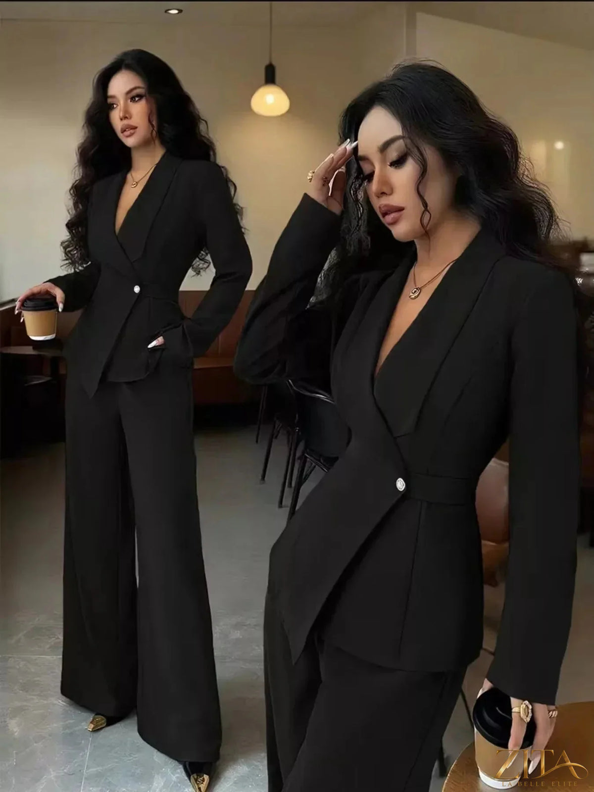 Zita La Belle Elite one-button blazer and matching pants set, tailored fit with classic style, in a neutral color.