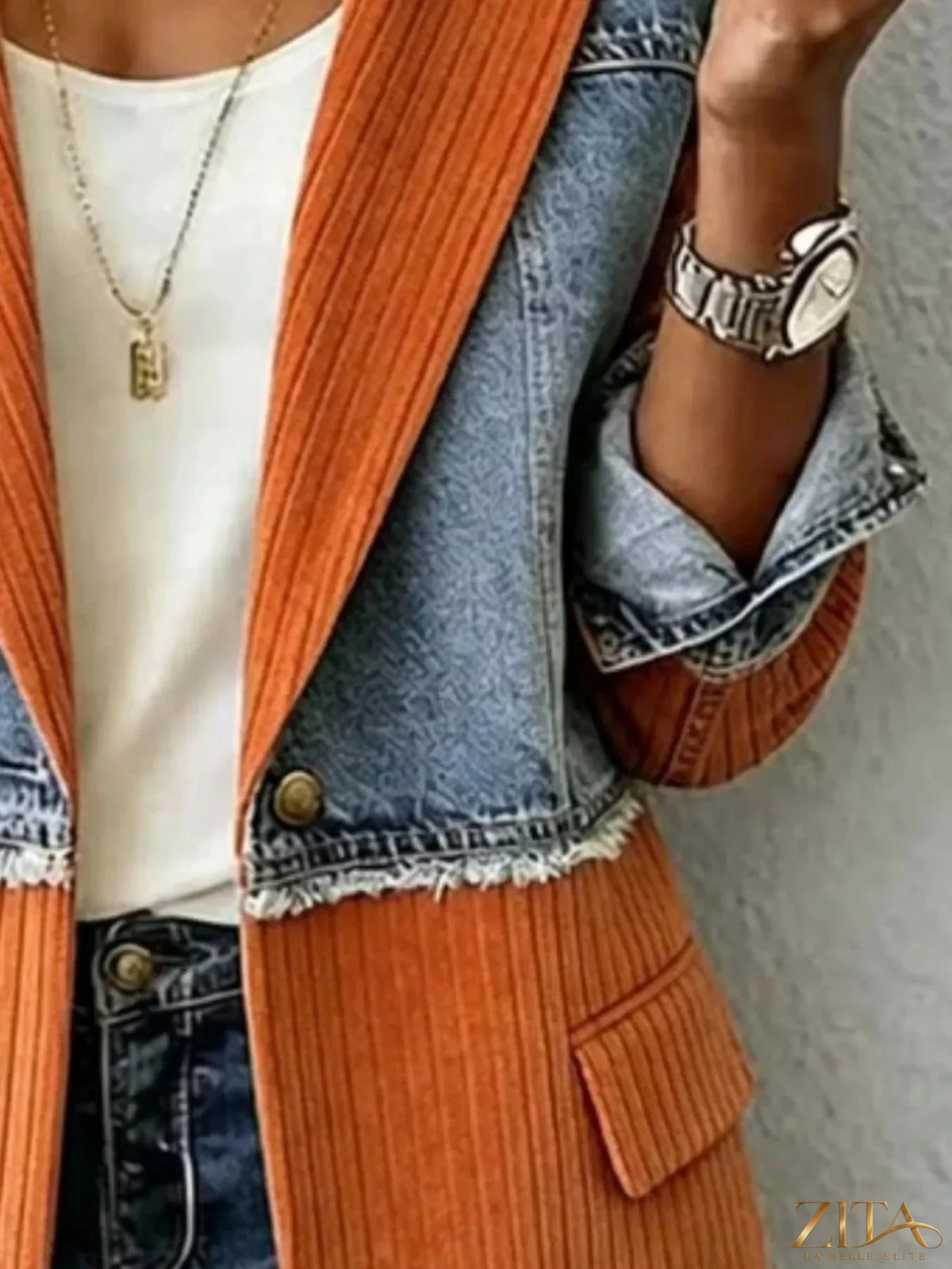 Plus size patchwork denim blazer by Zita La Belle Elite featuring ribbed fabric and full-length design.