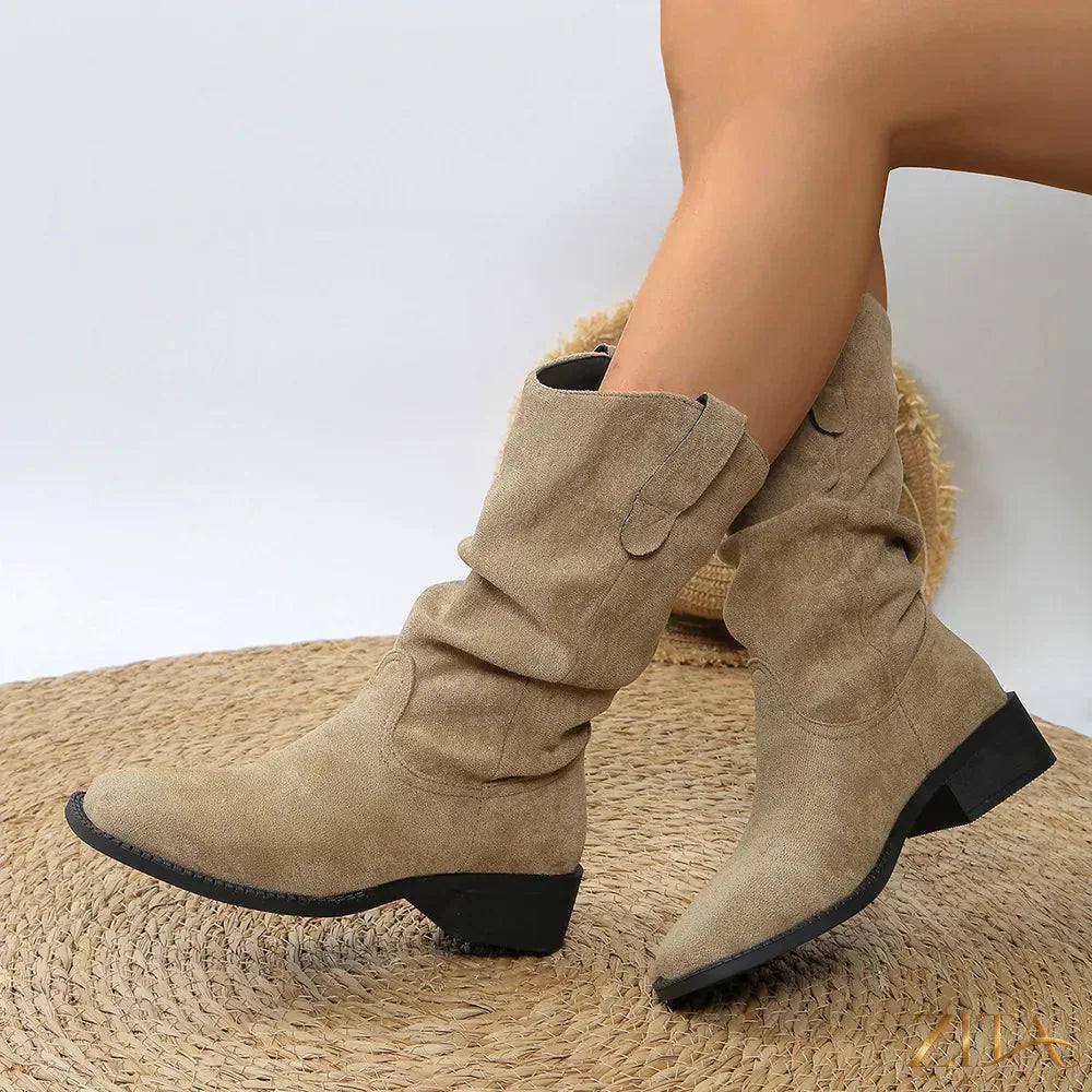 Trendsi pleated pull-on Western cowboy boots with pointed toes and stacked heels, featuring decorative stitching and a classic western style.