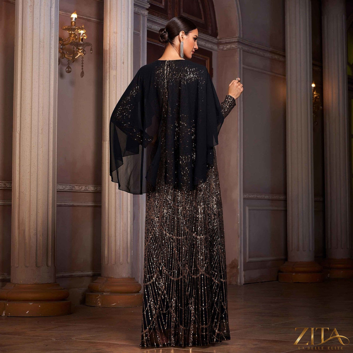Women’s long sleeve sequin A-line evening dress with shawl by Zita La Belle Elite, featuring shimmering sequins and elegant design.