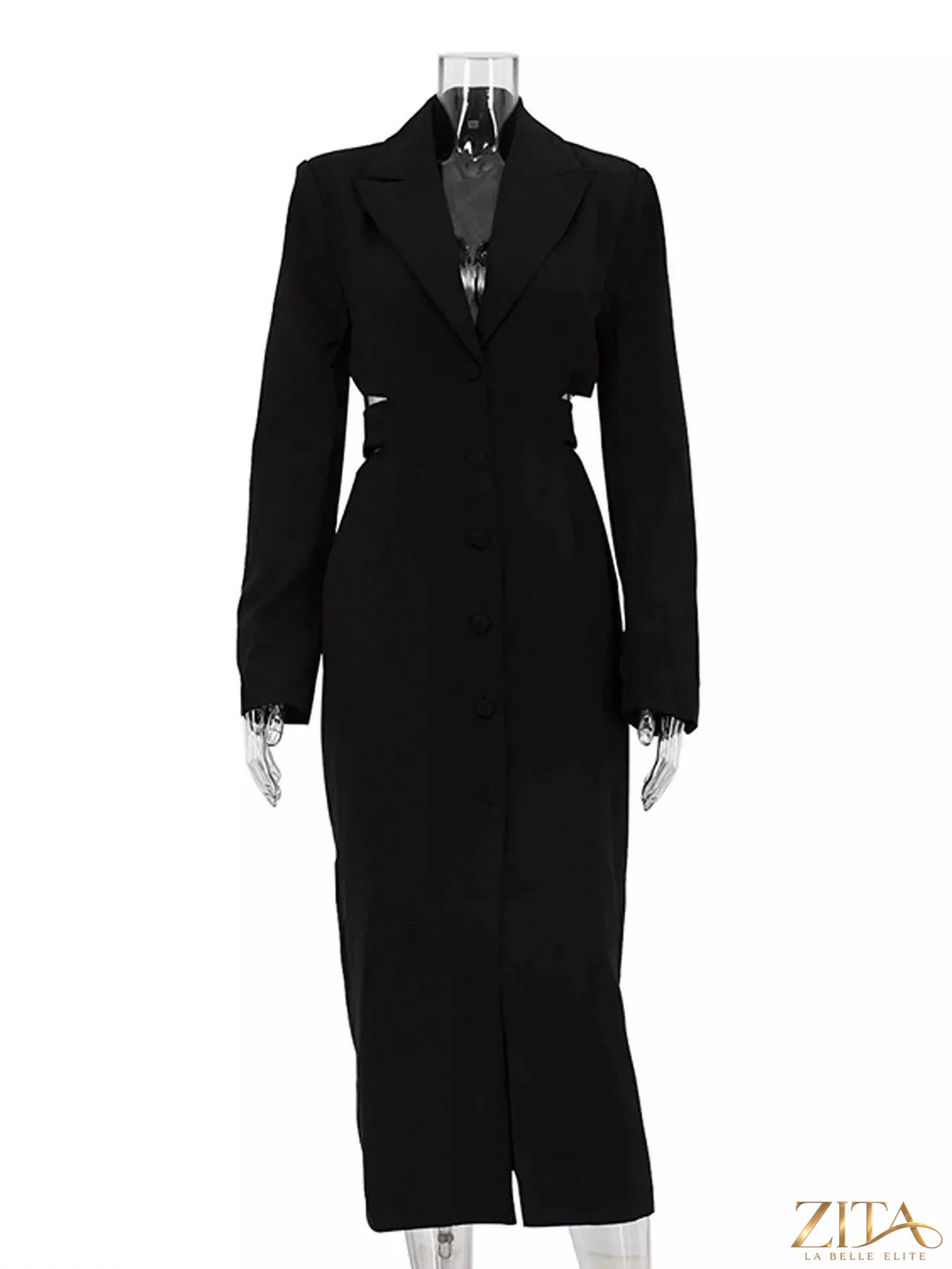 Zita La Belle Elite button-down blazer dress with cut-out waist, featuring tailored fit and stylish lapel collar.
