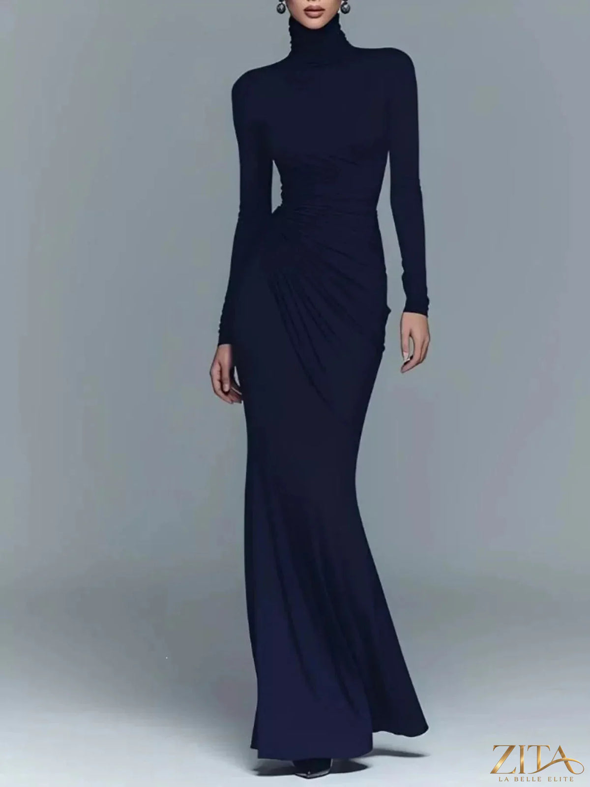 Zita La Belle Elite long-sleeve turtleneck ruched maxi dress in black, featuring a fitted silhouette and elegant design.