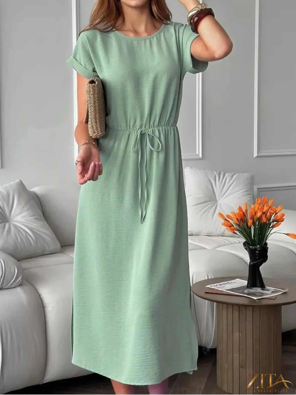Zita La Belle Elite casual midi dress with drawstring waist, lightweight fabric, and relaxed fit, perfect for everyday wear
