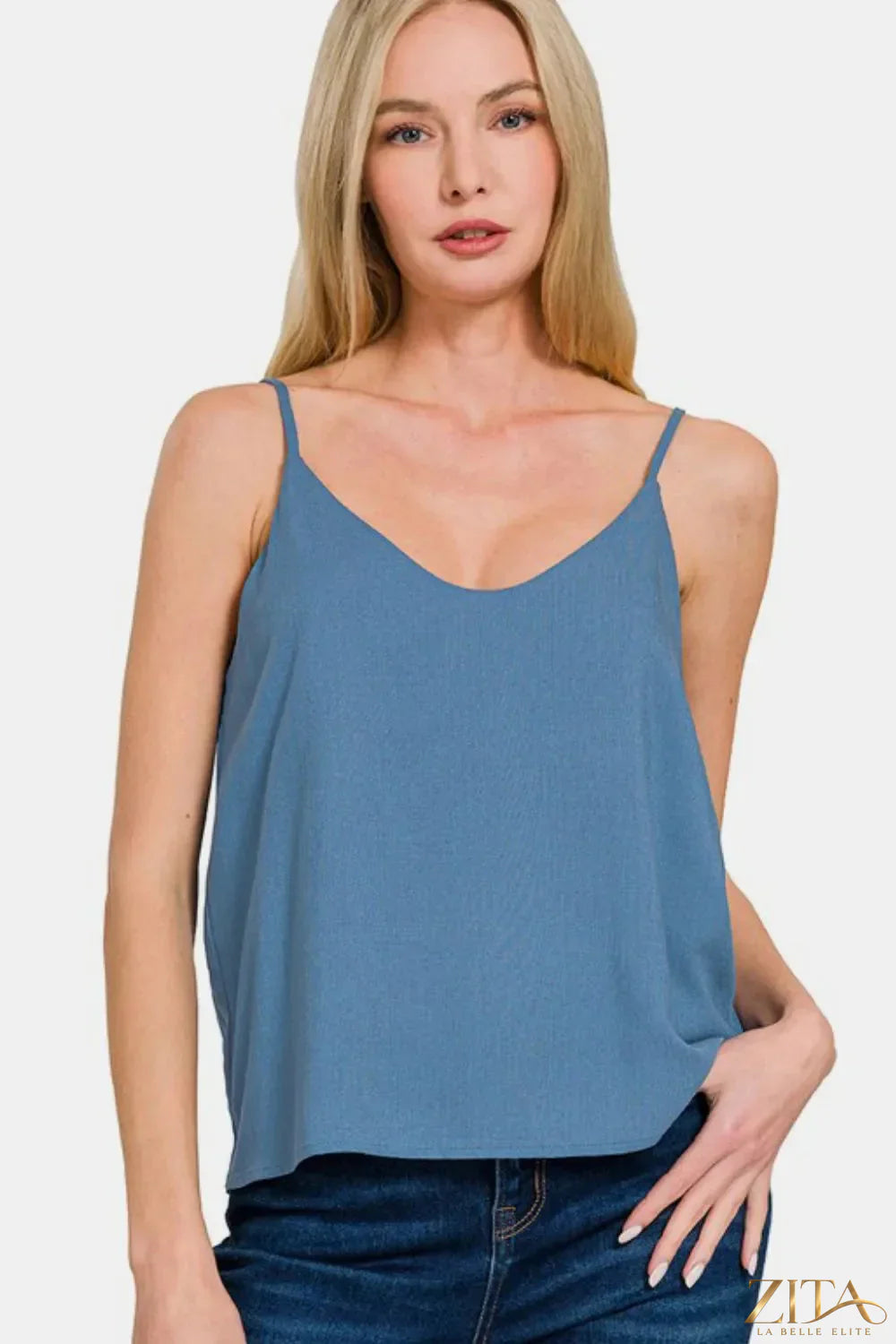 Zita La Belle Elite Zenana two-layered spaghetti strap cami in soft fabric, featuring double layers and thin adjustable straps.