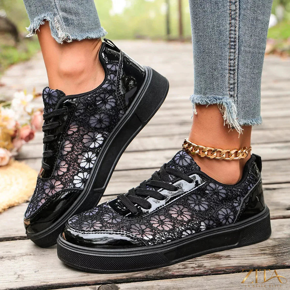 Zita La Belle Elite round toe lace sneakers with white and black design, casual athletic footwear with laces.