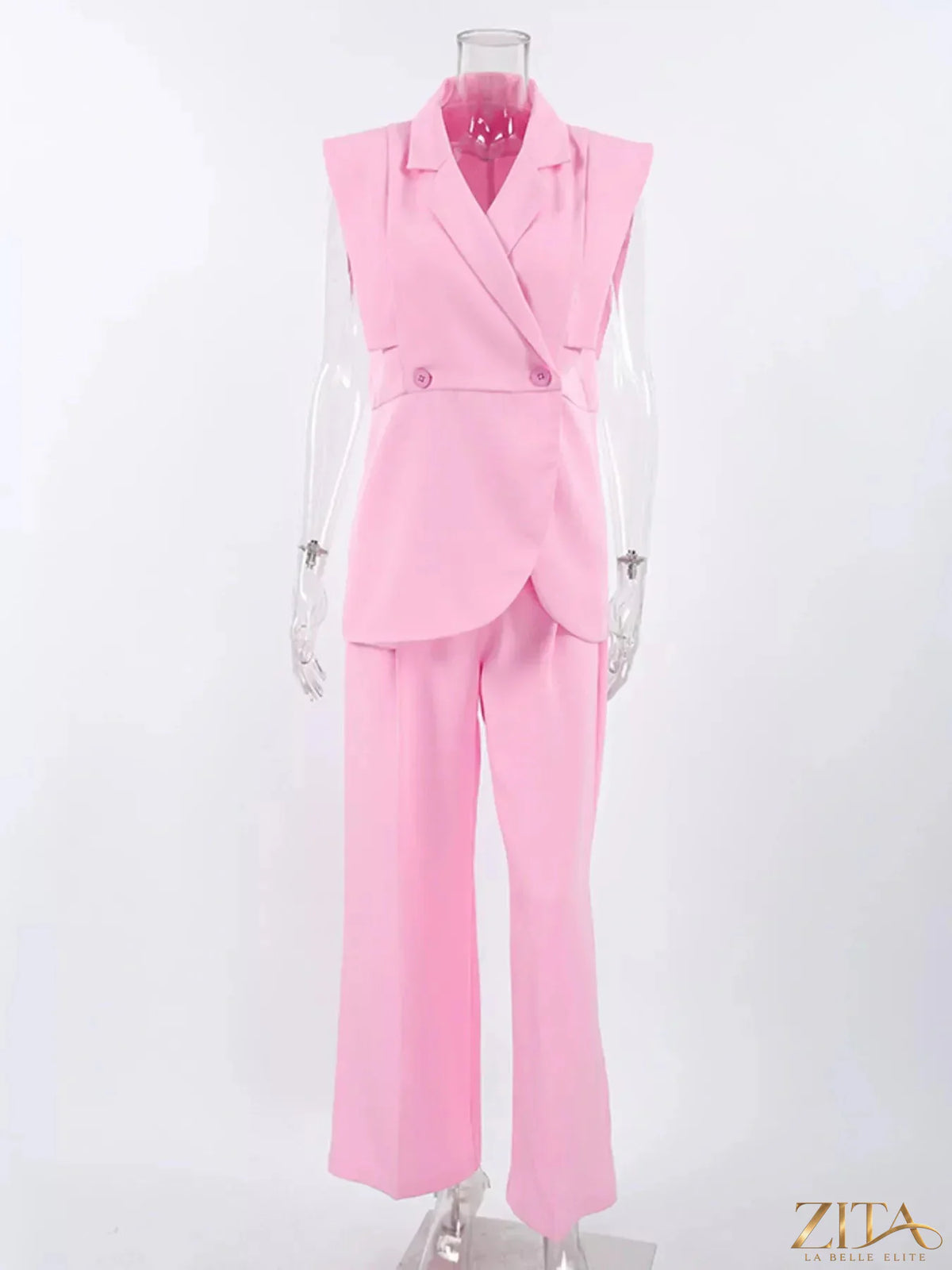 Zita La Belle Elite sleeveless blazer and wide-leg pants two-piece set displayed on a mannequin, stylish and modern formal outfit.
