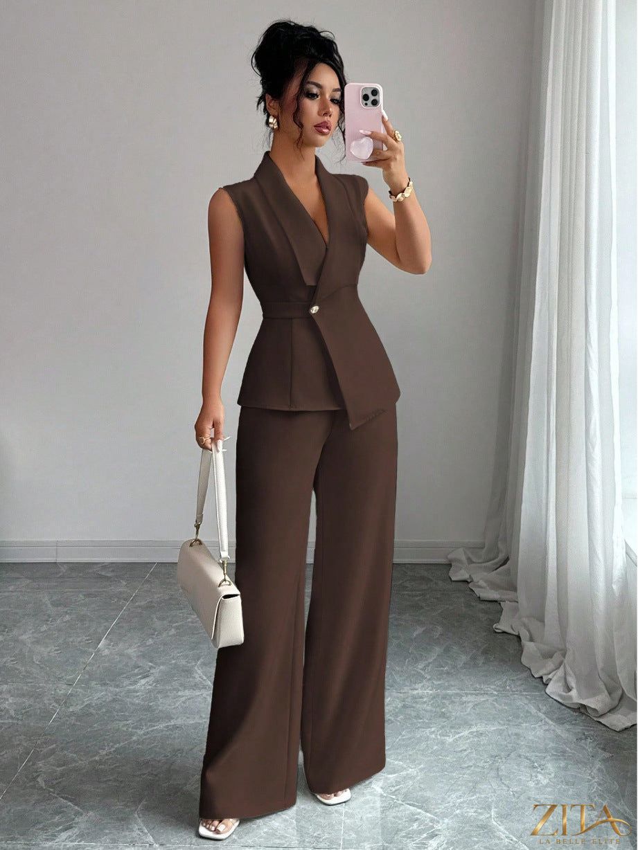 Zita La Belle Elite women's sleeveless peplum blazer and wide-leg pants two-piece set shown on model, stylish and modern outfit.