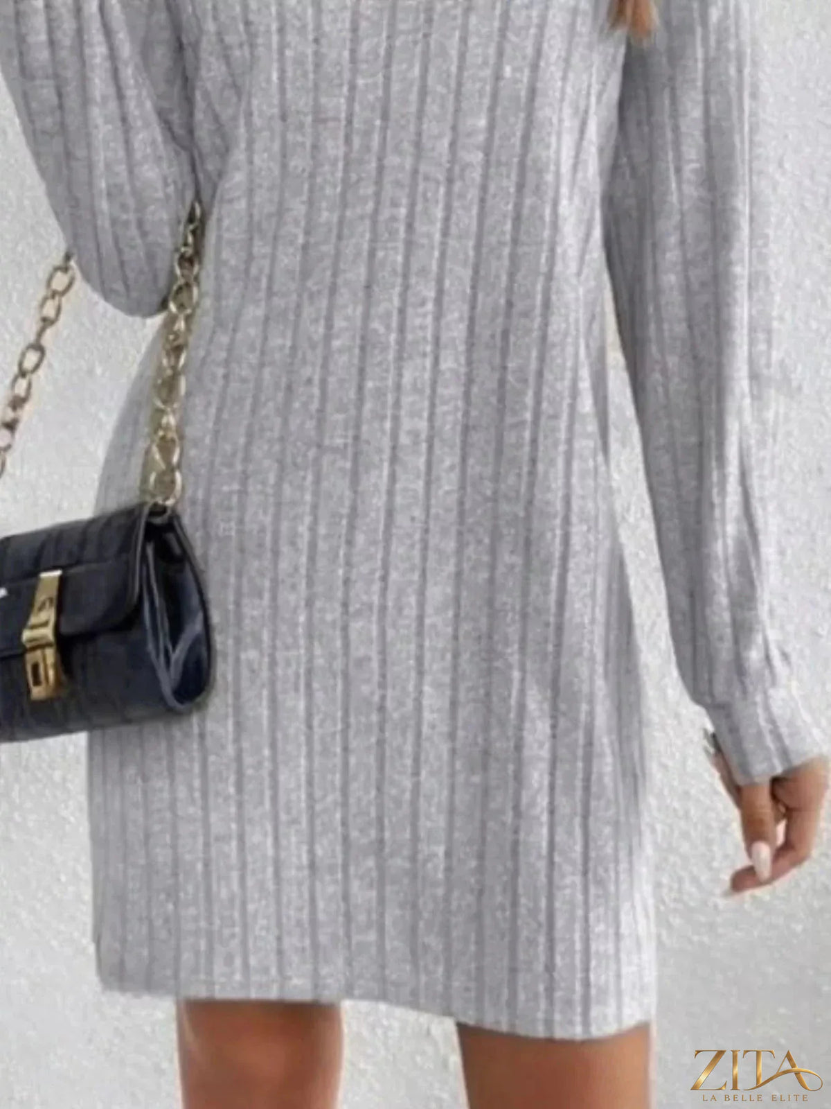 Casual ribbed turtleneck long sleeve mini dress by Trendsi, featuring a fitted silhouette and cozy knit fabric.