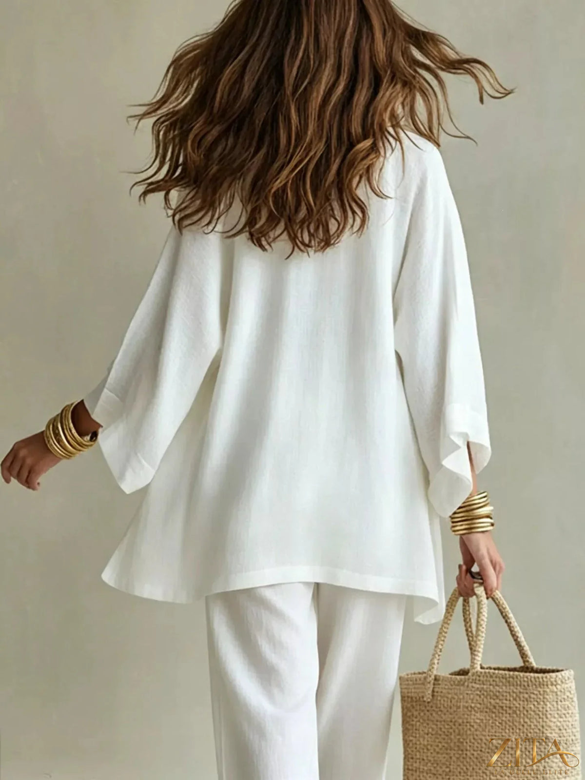 Zita La Belle Elite V-neck top, cardigan, and pants three-piece set, stylish and comfortable women's fashion ensemble.