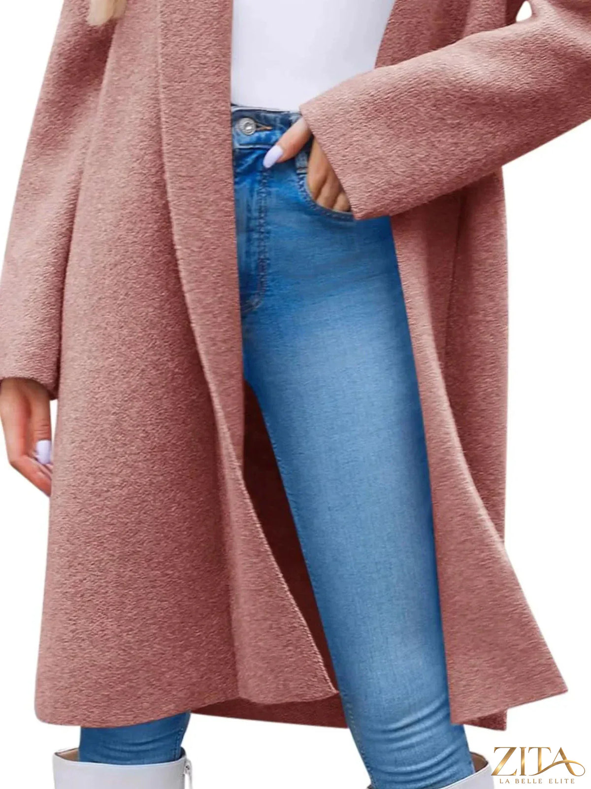 Zita La Belle Elite open front longline coat displayed on a model, featuring a stylish, lightweight design with a draped collar.