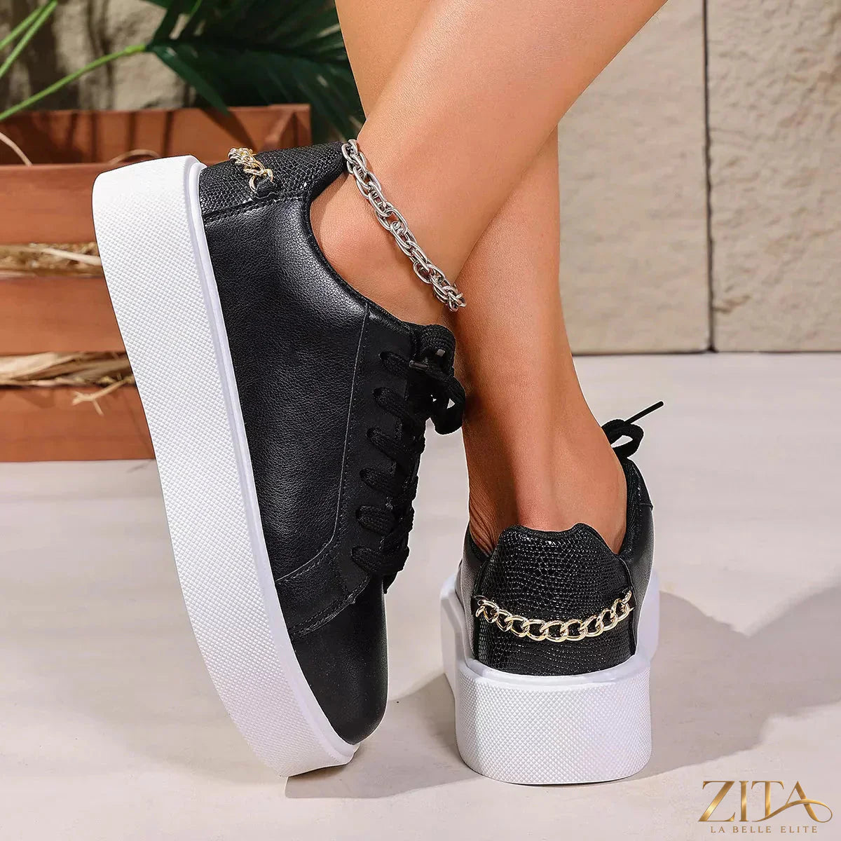 Zita La Belle Elite round toe platform sneakers with white laces and thick rubber sole, stylish and trendy footwear.