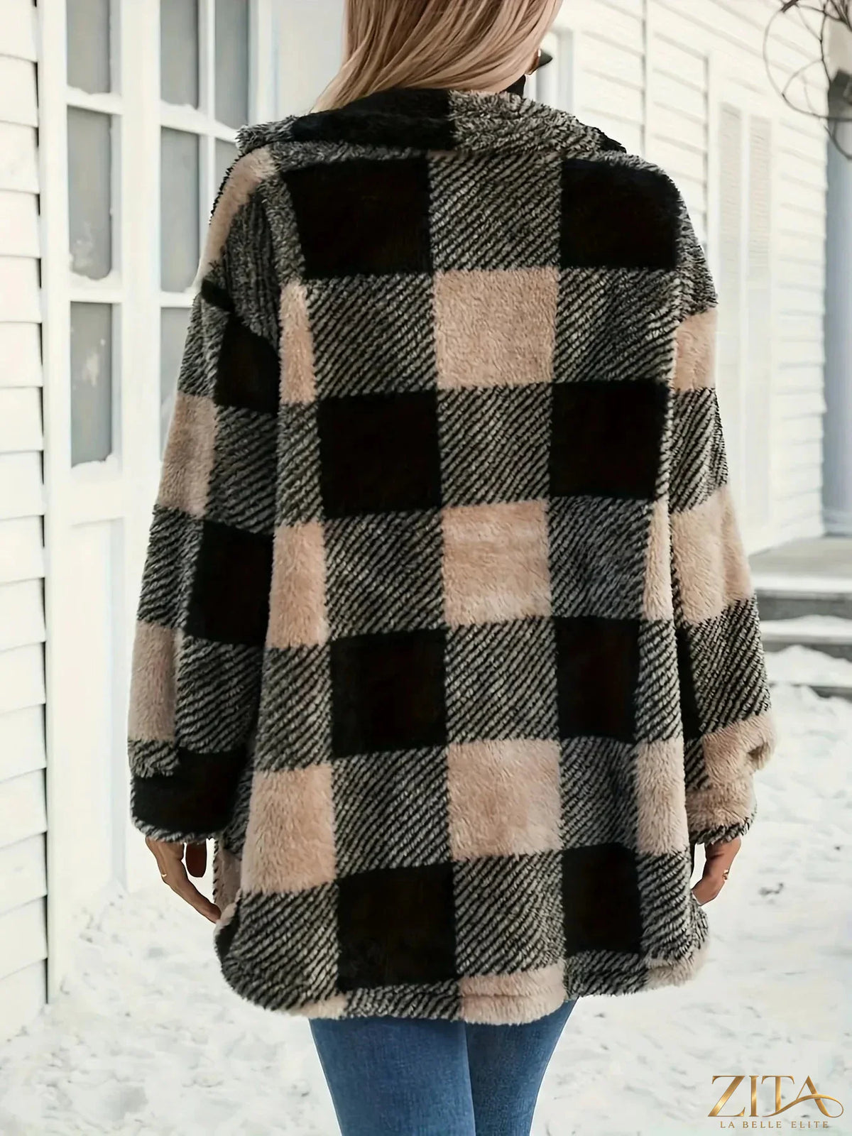 Zita La Belle Elite plaid teddy coat with button-down front, collared neck, and pockets, featuring a cozy, stylish design.